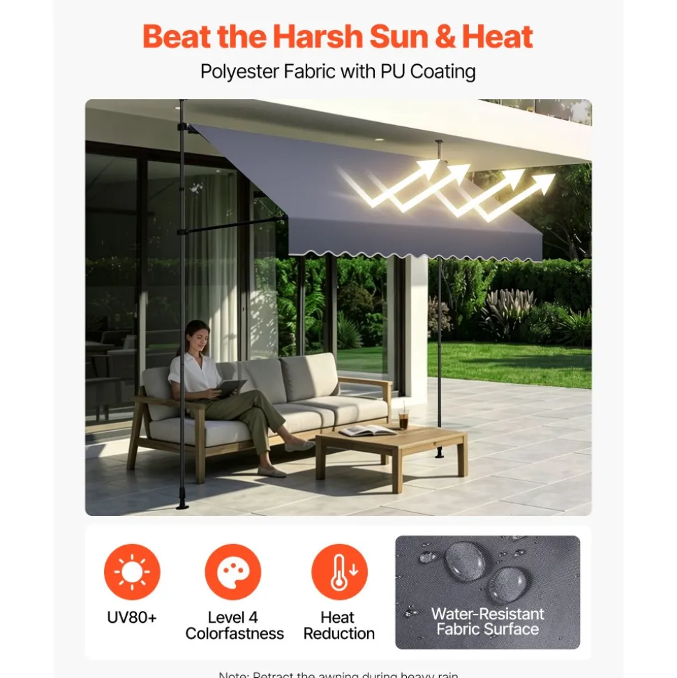 VEVOR Manual Retractable Awning, 98" Outdoor Retractable Patio Awning Sunshade Shelter, Height Adjustable Patio Door Window Canopy with Manual Crank Handle for Backyard, Garden, Balcony, Dark Gray