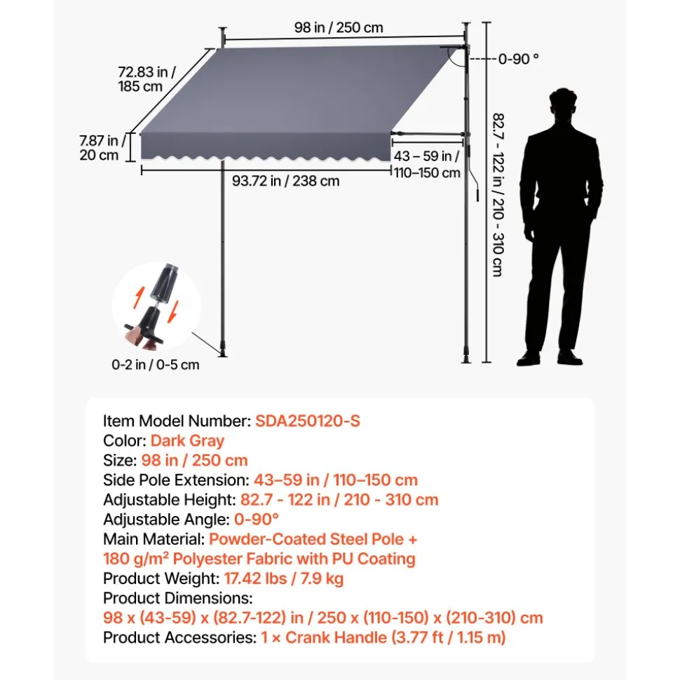 VEVOR Manual Retractable Awning, 98" Outdoor Retractable Patio Awning Sunshade Shelter, Height Adjustable Patio Door Window Canopy with Manual Crank Handle for Backyard, Garden, Balcony, Dark Gray