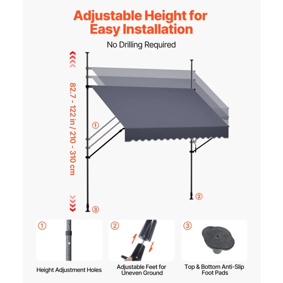 VEVOR Manual Retractable Awning, 98" Outdoor Retractable Patio Awning Sunshade Shelter, Height Adjustable Patio Door Window Canopy with Manual Crank Handle for Backyard, Garden, Balcony, Dark Gray