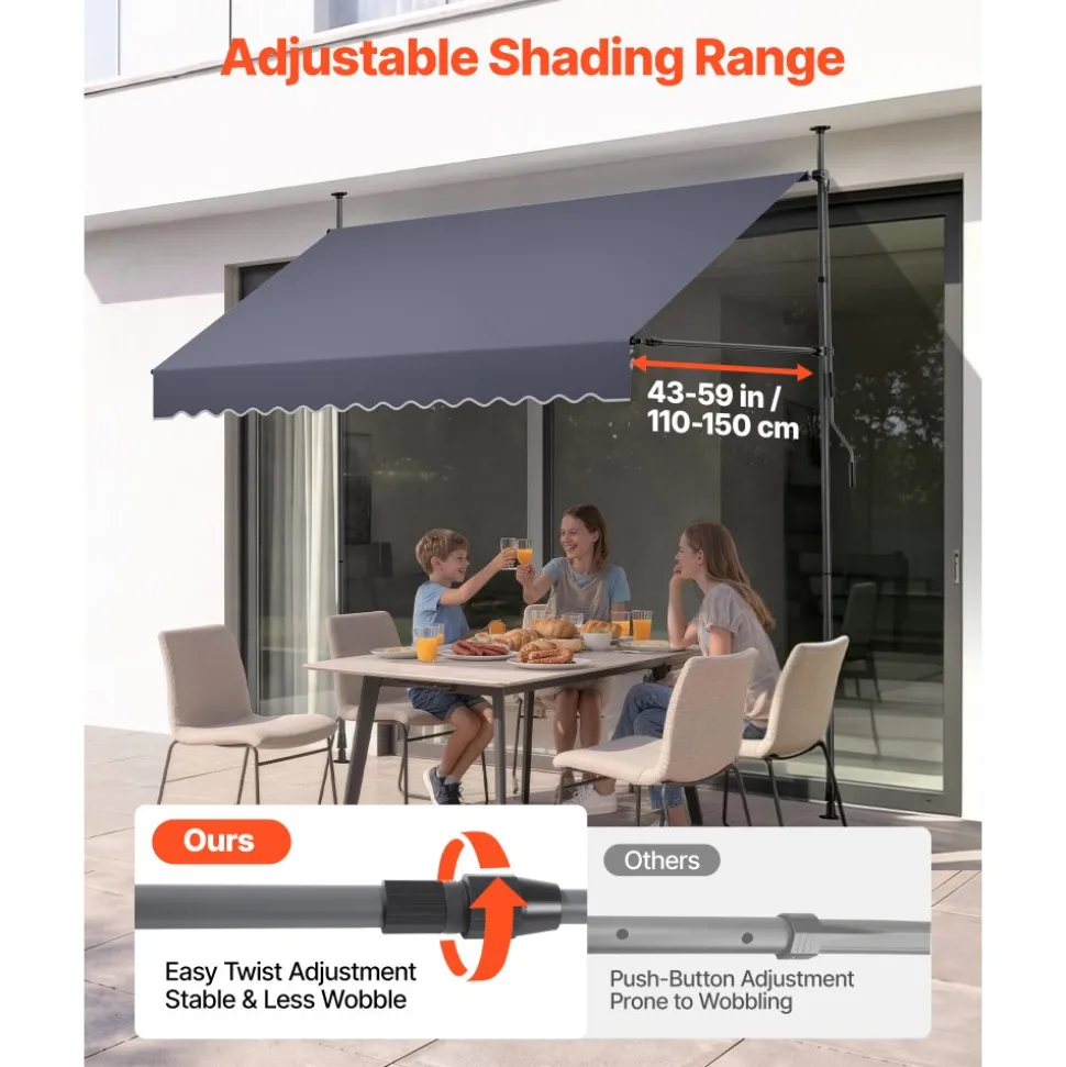 VEVOR Manual Retractable Awning, 98" Outdoor Retractable Patio Awning Sunshade Shelter, Height Adjustable Patio Door Window Canopy with Manual Crank Handle for Backyard, Garden, Balcony, Dark Gray