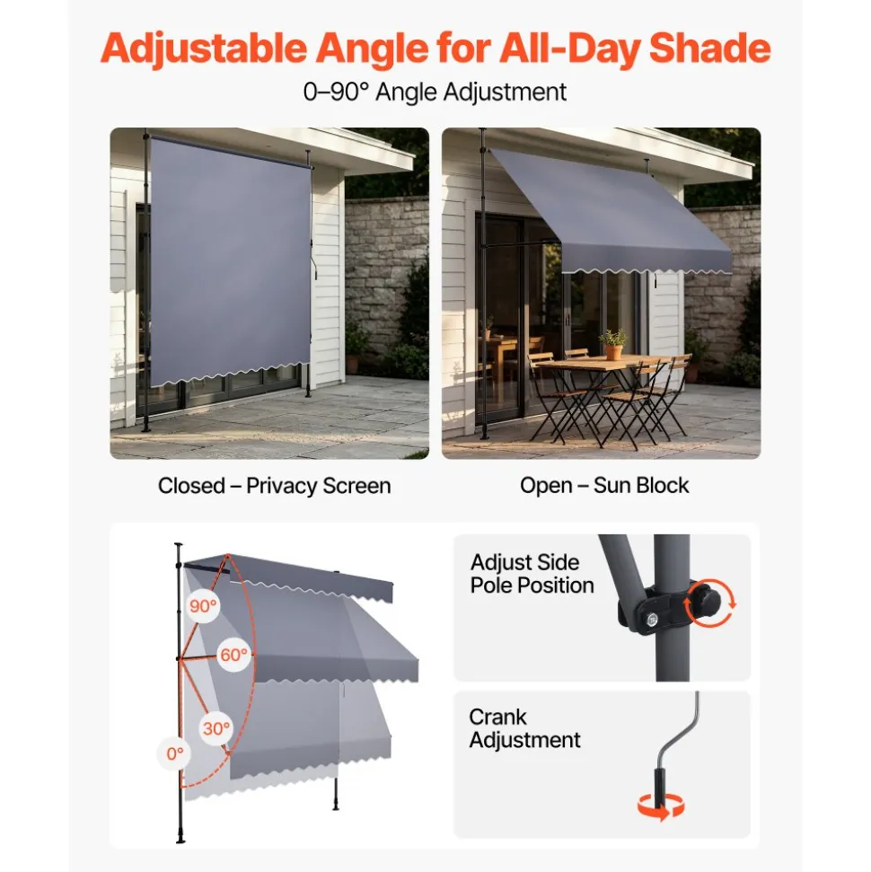 VEVOR Manual Retractable Awning, 78" Outdoor Retractable Patio Awning Sunshade Shelter, Height Adjustable Patio Door Window Canopy with Manual Crank Handle for Backyard, Garden, Balcony, Dark Gray