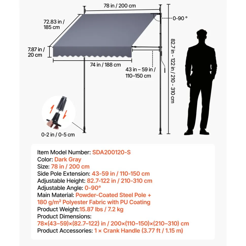 VEVOR Manual Retractable Awning, 78" Outdoor Retractable Patio Awning Sunshade Shelter, Height Adjustable Patio Door Window Canopy with Manual Crank Handle for Backyard, Garden, Balcony, Dark Gray