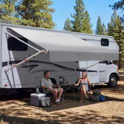 VEVOR Manual RV Awning Complete Kit, 10.12FT Retractable RV Awning with Aluminum Alloy Frame & Waterproof PVC Fabric, Outdoor Camping Trailer Awnings Fit Most RVs (10FT Type, Gradient Gray)