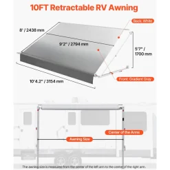 VEVOR Manual RV Awning Complete Kit, 10.12FT Retractable RV Awning with Aluminum Alloy Frame & Waterproof PVC Fabric, Outdoor Camping Trailer Awnings Fit Most RVs (10FT Type, Gradient Gray)