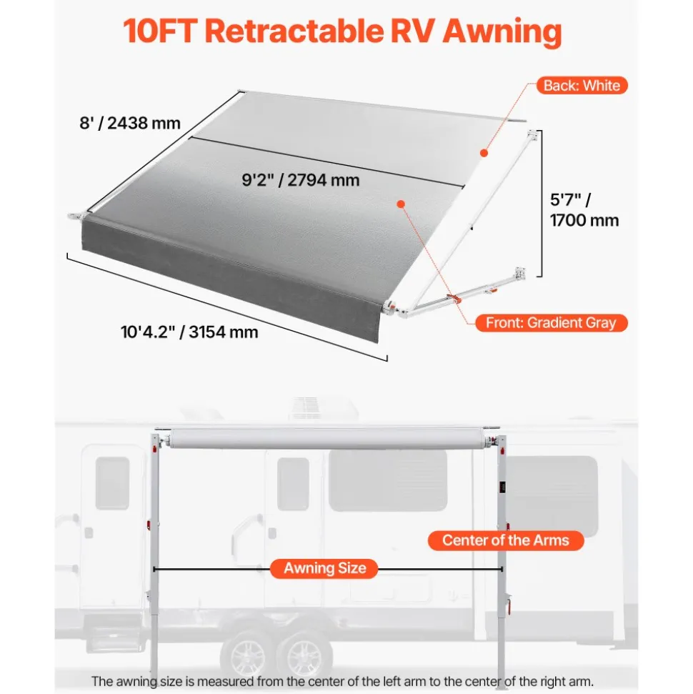 VEVOR Manual RV Awning Complete Kit, 10.12FT Retractable RV Awning with Aluminum Alloy Frame & Waterproof PVC Fabric, Outdoor Camping Trailer Awnings Fit Most RVs (10FT Type, Gradient Gray)