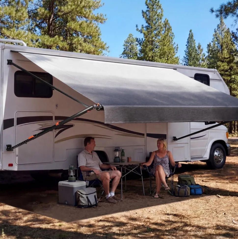VEVOR Manual RV Awning Complete Kit, 14.12FT Retractable RV Awning with Aluminum Alloy Frame & Waterproof PVC Fabric, Outdoor Camping Trailer Awnings Fit Most RVs (14FT Type, Gradient Black)