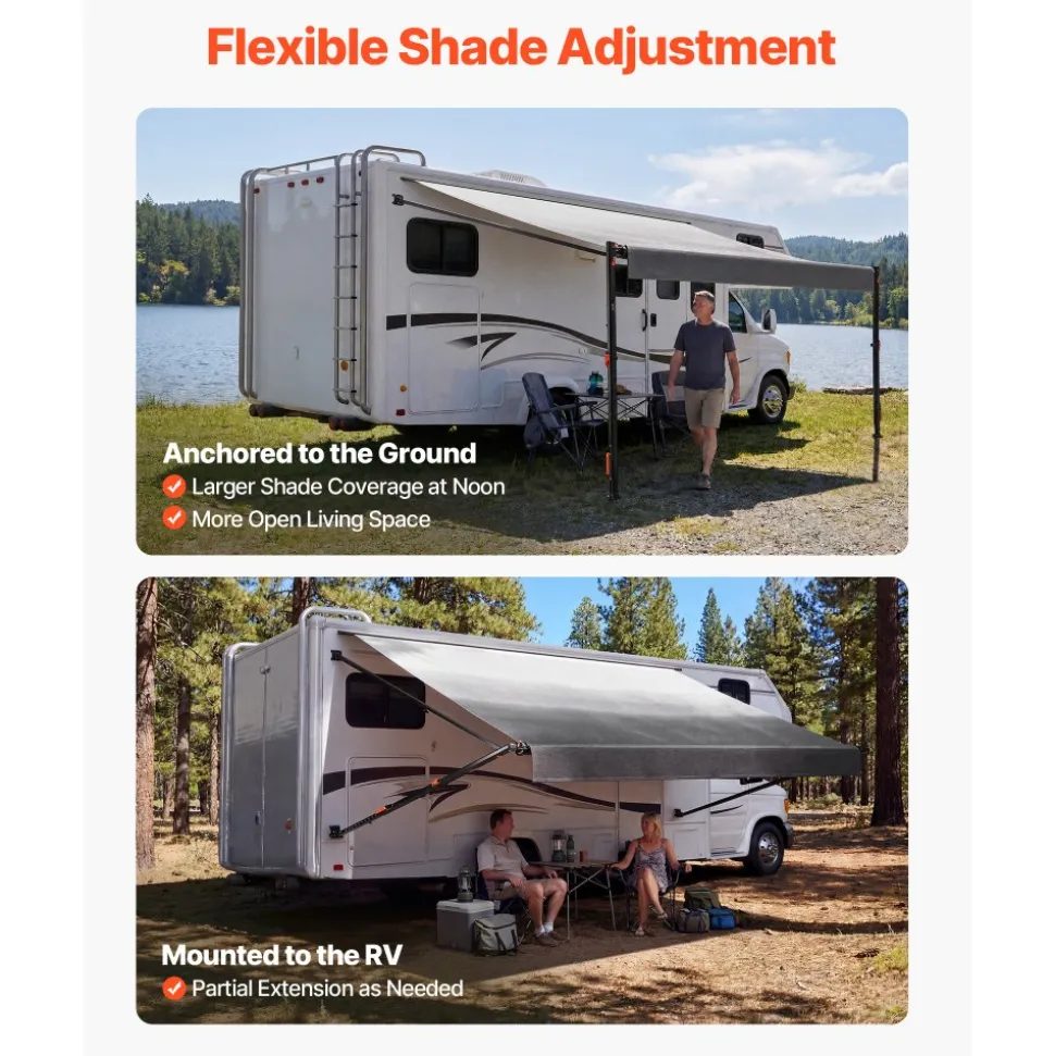 VEVOR Manual RV Awning Complete Kit, 14.12FT Retractable RV Awning with Aluminum Alloy Frame & Waterproof PVC Fabric, Outdoor Camping Trailer Awnings Fit Most RVs (14FT Type, Gradient Black)