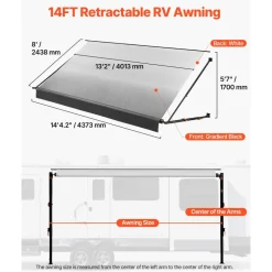 VEVOR Manual RV Awning Complete Kit, 14.12FT Retractable RV Awning with Aluminum Alloy Frame & Waterproof PVC Fabric, Outdoor Camping Trailer Awnings Fit Most RVs (14FT Type, Gradient Black)