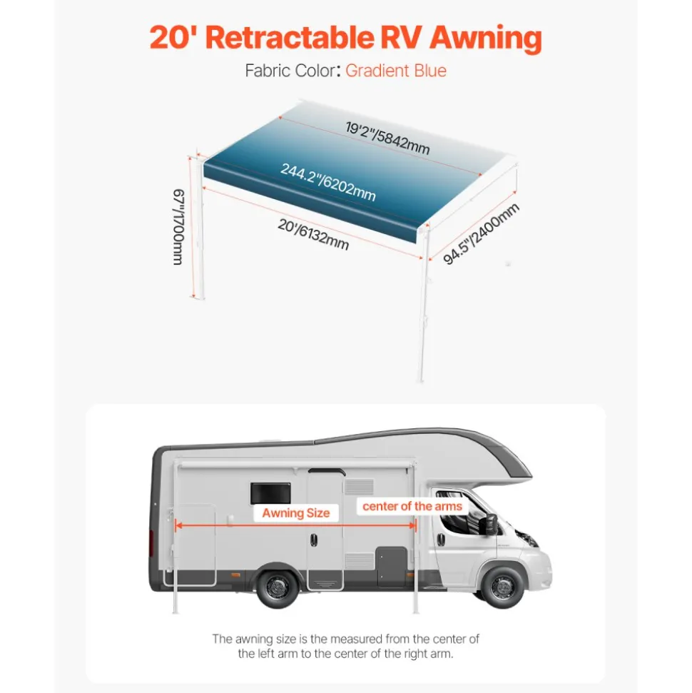 VEVOR Manual RV Awning Complete Kit, 18' Retractable Awning with Aluminum Alloy Frame, Outdoor Trailer Awning, Fit for Most RVs(Blue Fade)