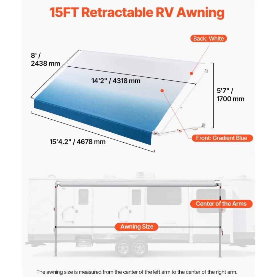 VEVOR Manual RV Awning Complete Kit, 20.12FT Retractable RV Awning with Aluminum Alloy Frame & Waterproof PVC Fabric, Outdoor Camping Trailer Awnings Fit Most RVs (20FT Type, Gradient Black)