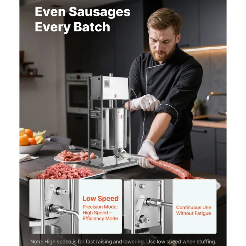 VEVOR Manual Sausage Stuffer, 22 LBS / 10 L Vertical Meat Stuffer, Dual-Speed Sausage Casing Meat Filling Machine, Stainless Steel Heavy Duty Filler with 5 Stuffing Tubes, for Commercial & Home Use