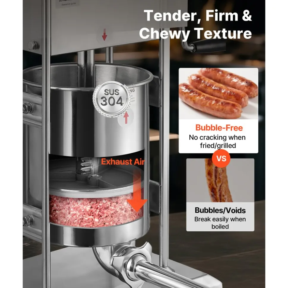 VEVOR Manual Sausage Stuffer, 22 LBS / 10 L Vertical Meat Stuffer, Dual-Speed Sausage Casing Meat Filling Machine, Stainless Steel Heavy Duty Filler with 5 Stuffing Tubes, for Commercial & Home Use