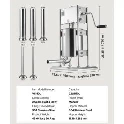 VEVOR Manual Sausage Stuffer, 22 LBS / 10 L Vertical Meat Stuffer, Dual-Speed Sausage Casing Meat Filling Machine, Stainless Steel Heavy Duty Filler with 5 Stuffing Tubes, for Commercial & Home Use
