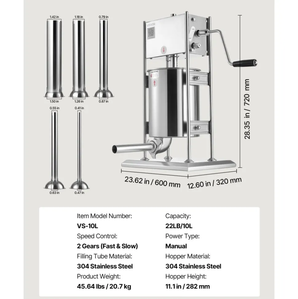 VEVOR Manual Sausage Stuffer, 22 LBS / 10 L Vertical Meat Stuffer, Dual-Speed Sausage Casing Meat Filling Machine, Stainless Steel Heavy Duty Filler with 5 Stuffing Tubes, for Commercial & Home Use