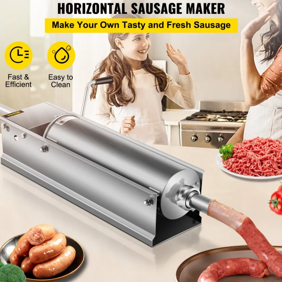 VEVOR Manual Sausage Stuffer, 7 L / 15 LBS Horizontal Sausage Machine, Dual-Speed Meat Stuffer, Made of Food-Grade 304 Stainless Steel, Includes 5 Stuffing Tubes, for Home Kitchen Restaurant Commercia