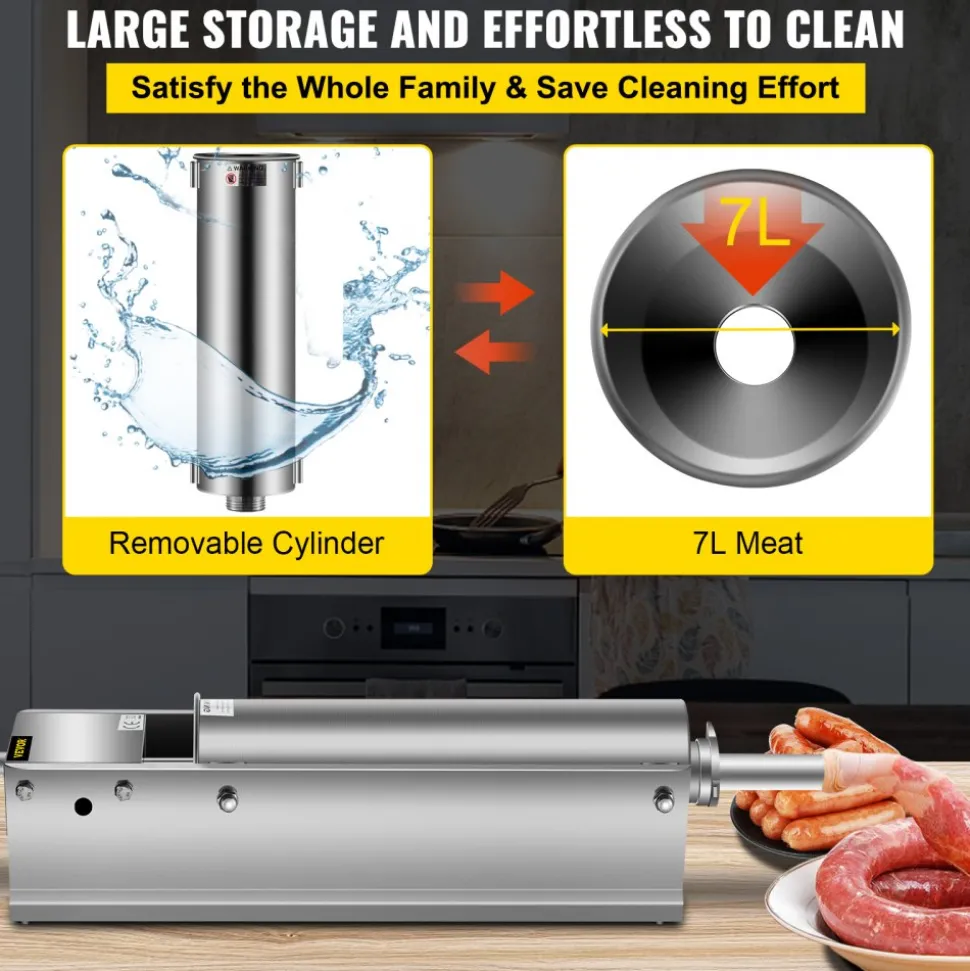 VEVOR Manual Sausage Stuffer, 7 L / 15 LBS Horizontal Sausage Machine, Dual-Speed Meat Stuffer, Made of Food-Grade 304 Stainless Steel, Includes 5 Stuffing Tubes, for Home Kitchen Restaurant Commercia