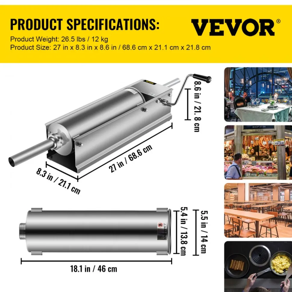 VEVOR Manual Sausage Stuffer, 7 L / 15 LBS Horizontal Sausage Machine, Dual-Speed Meat Stuffer, Made of Food-Grade 304 Stainless Steel, Includes 5 Stuffing Tubes, for Home Kitchen Restaurant Commercia