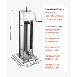 VEVOR Manual Sausage Stuffer 7L/15LBS Vertical Sausage Machine Dual-Speed, Food-Grade 304 Stainless Steel Meat Stuffer, Includes 5 Stuffing Tubes, for Home Kitchen Restaurant Commercial