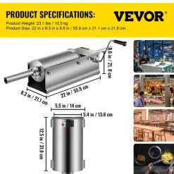 VEVOR Manual Sausage Stuffer, 5 L / 11 LBS Horizontal Sausage Machine, Dual-Speed Meat Stuffer, Made of Food-Grade 304 Stainless Steel, Includes 5 Stuffing Tubes, for Home Kitchen Restaurant Commercia