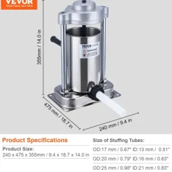 VEVOR Manual Sausage Stuffer, 2 L / 5 LBS Vertical Sausage Machine with G-type Clamp, Food-Grade 304 Stainless Steel Barrel with 2 Stuffing Tubes, for Home Kitchen Restaurant Commercial