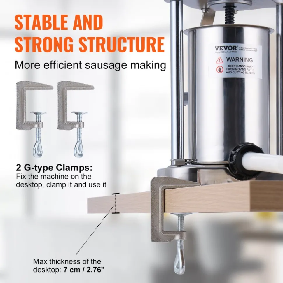 VEVOR Manual Sausage Stuffer, 2 L / 5 LBS Vertical Sausage Machine with G-type Clamp, Food-Grade 304 Stainless Steel Barrel with 2 Stuffing Tubes, for Home Kitchen Restaurant Commercial