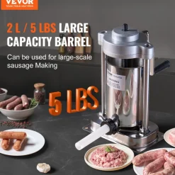 VEVOR Manual Sausage Stuffer, 2 L / 5 LBS Vertical Sausage Machine with G-type Clamp, Food-Grade 304 Stainless Steel Barrel with 2 Stuffing Tubes, for Home Kitchen Restaurant Commercial