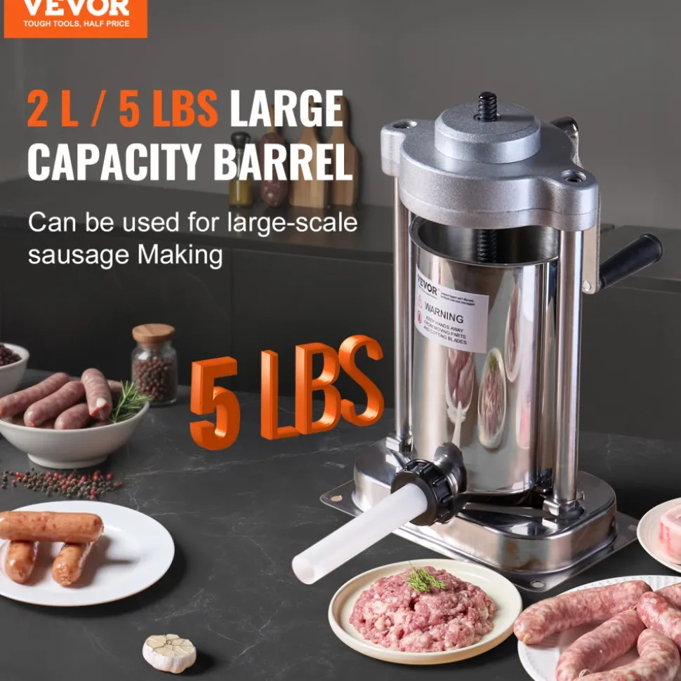 VEVOR Manual Sausage Stuffer, 2 L / 5 LBS Vertical Sausage Machine with G-type Clamp, Food-Grade 304 Stainless Steel Barrel with 2 Stuffing Tubes, for Home Kitchen Restaurant Commercial