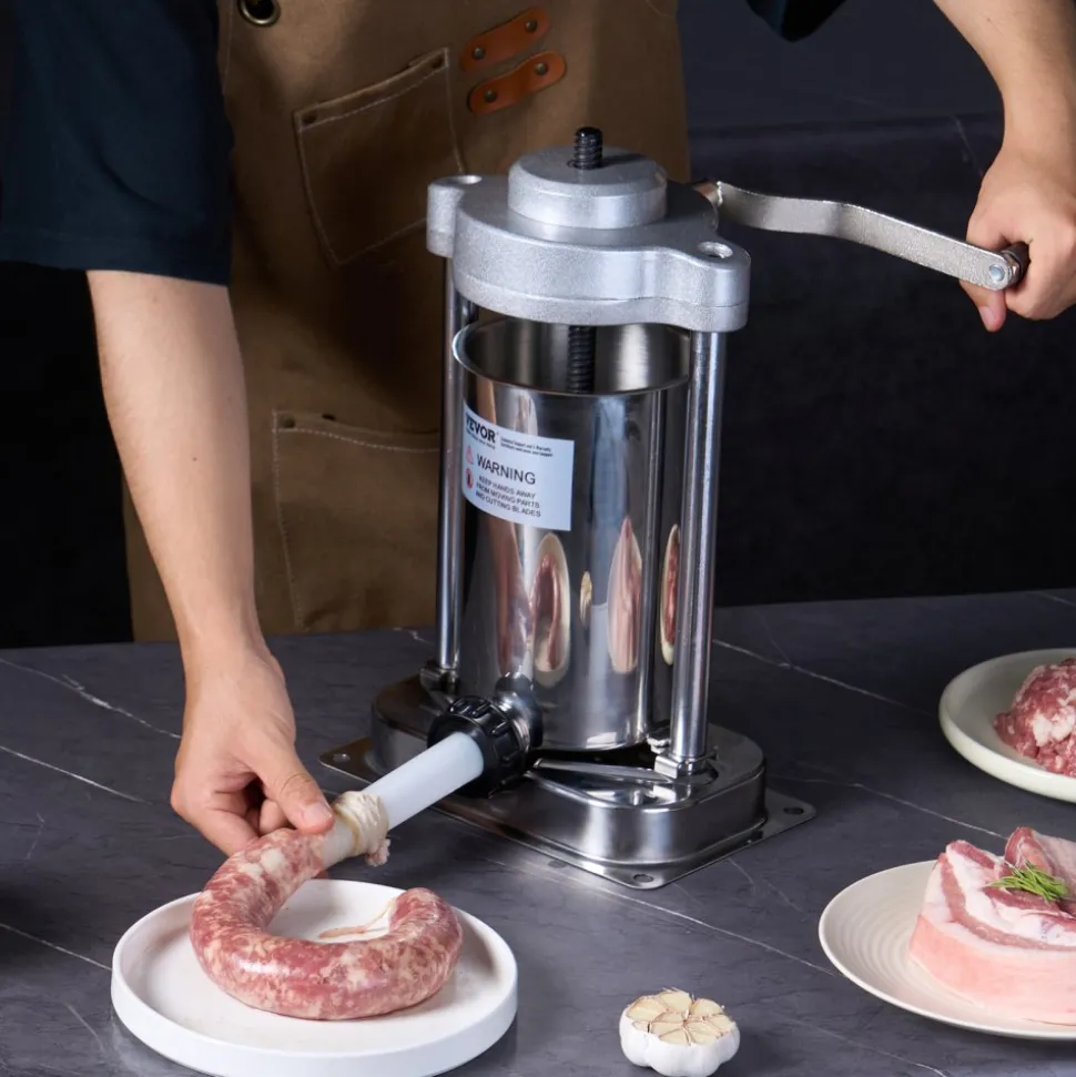 VEVOR Manual Sausage Stuffer, 2 L / 5 LBS Vertical Sausage Machine with G-type Clamp, Food-Grade 304 Stainless Steel Barrel with 2 Stuffing Tubes, for Home Kitchen Restaurant Commercial