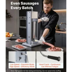VEVOR Manual Sausage Stuffer, 11 LBS / 5 L Vertical Meat Stuffer, Heavy Duty Sausage Casing Meat Stuffing Machine, Dual-Speed Stainless Steel Filler with 5 Filling Tubes, for Commercial and Home Use