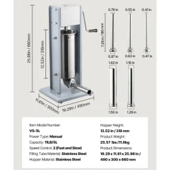 VEVOR Manual Sausage Stuffer, 11 LBS / 5 L Vertical Meat Stuffer, Heavy Duty Sausage Casing Meat Stuffing Machine, Dual-Speed Stainless Steel Filler with 5 Filling Tubes, for Commercial and Home Use
