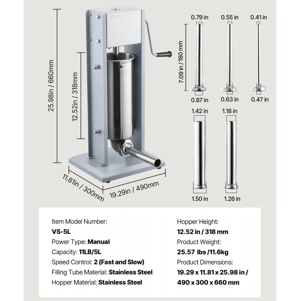 VEVOR Manual Sausage Stuffer, 11 LBS / 5 L Vertical Meat Stuffer, Heavy Duty Sausage Casing Meat Stuffing Machine, Dual-Speed Stainless Steel Filler with 5 Filling Tubes, for Commercial and Home Use