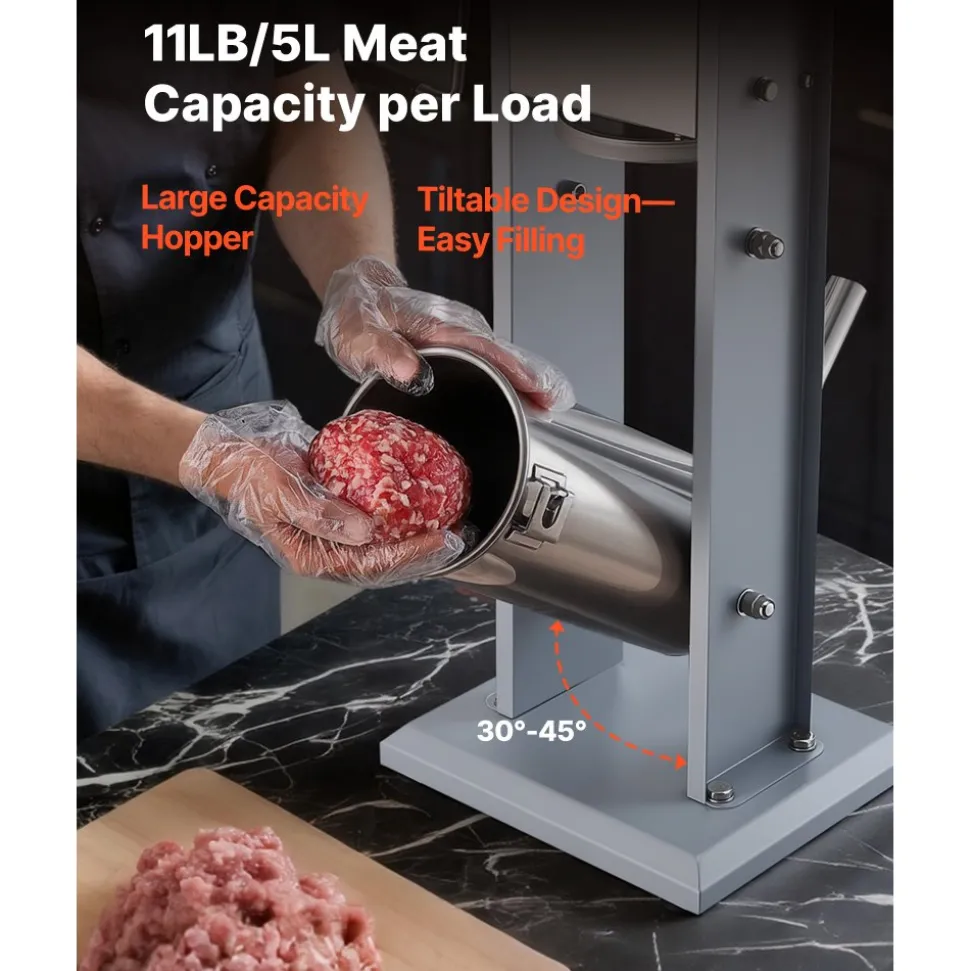 VEVOR Manual Sausage Stuffer, 11 LBS / 5 L Vertical Meat Stuffer, Heavy Duty Sausage Casing Meat Stuffing Machine, Dual-Speed Stainless Steel Filler with 5 Filling Tubes, for Commercial and Home Use