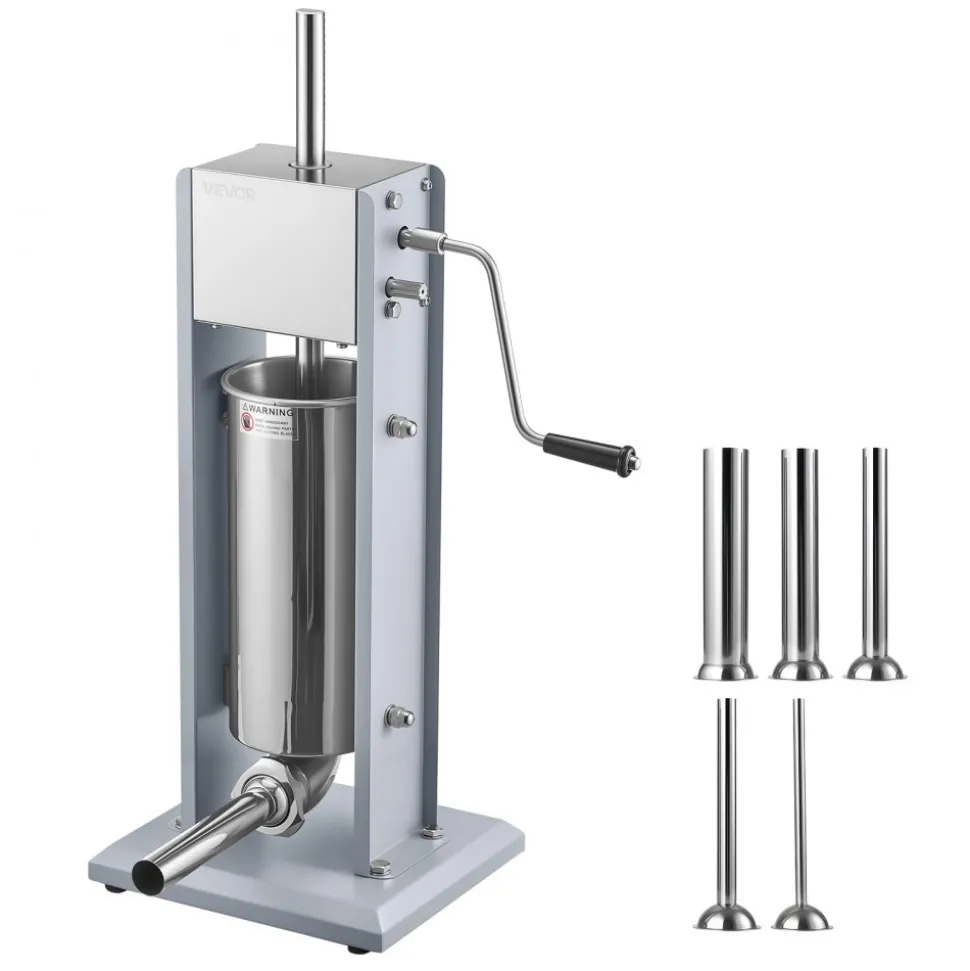 VEVOR Manual Sausage Stuffer, 11 LBS / 5 L Vertical Meat Stuffer, Heavy Duty Sausage Casing Meat Stuffing Machine, Dual-Speed Stainless Steel Filler with 5 Filling Tubes, for Commercial and Home Use