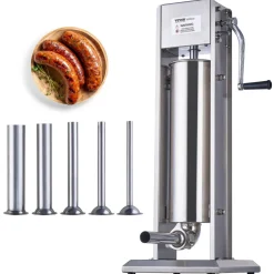 VEVOR Manual Sausage Stuffer, 7 L / 15 LBS Vertical Sausage Machine, Dual-Speed Meat Stuffer, Made of Food-Grade 304 Stainless Steel, Includes 5 Stuffing Tubes, for Home Kitchen Restaurant Commercial