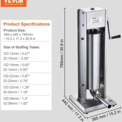 VEVOR Manual Sausage Stuffer, 7 L / 15 LBS Vertical Sausage Machine, Dual-Speed Meat Stuffer, Made of Food-Grade 304 Stainless Steel, Includes 5 Stuffing Tubes, for Home Kitchen Restaurant Commercial
