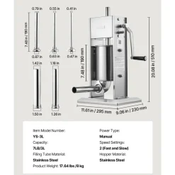 VEVOR Manual Sausage Stuffer, 7 LBS / 3 L Vertical Meat Stuffer, Heavy Duty Sausage Casing Meat Stuffing Machine, Dual-Speed Stainless Steel Filler with 5 Filling Tubes, for Commercial and Home Use