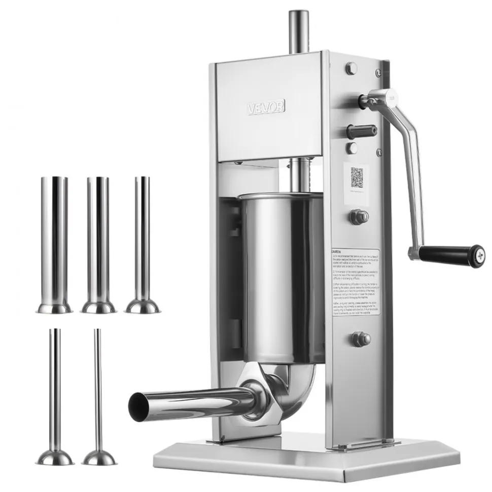 VEVOR Manual Sausage Stuffer, 7 LBS / 3 L Vertical Meat Stuffer, Heavy Duty Sausage Casing Meat Stuffing Machine, Dual-Speed Stainless Steel Filler with 5 Filling Tubes, for Commercial and Home Use