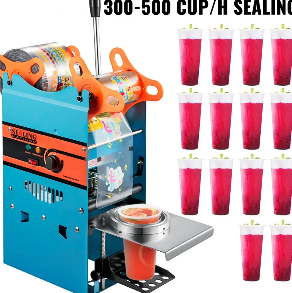VEVOR Manual Tea Cup Sealer Machine, 300-500 Cup/h Manual Boba Tea Sealer Machine, Blue Boba Tea Sealing Machine, 90/95mm Cup Diameter Cup Sealing Machine with Heating Technology for Bubble Milk Tea