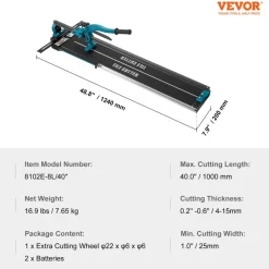 VEVOR Manual Tile Cutter, 40 inch, Porcelain Ceramic Tile Cutter with Tungsten Carbide Cutting Wheel, Infrared Positioning, Anti-Skid Feet, Durable Rails for professional installers or beginners