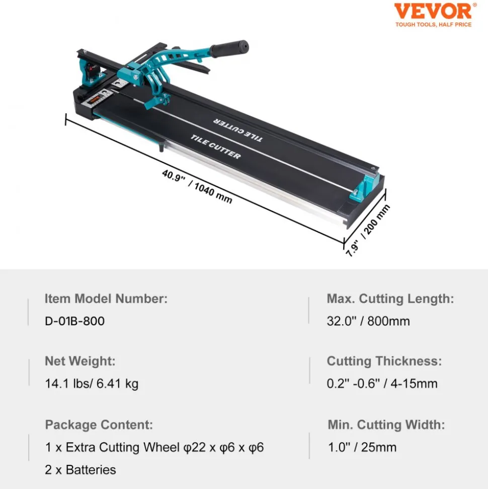 VEVOR Manual Tile Cutter, 32 inch, Porcelain Ceramic Tile Cutter with Tungsten Carbide Cutting Wheel, Infrared Positioning, Anti-Skid Feet, Durable Rails for professional installers or beginners