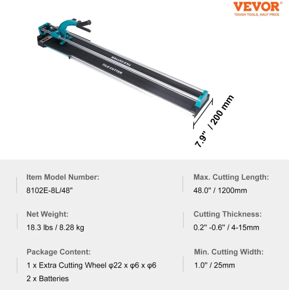 VEVOR Manual Tile Cutter, 48 inch, Porcelain Ceramic Tile Cutter with Tungsten Carbide Cutting Wheel, Infrared Positioning, Anti-Skid Feet, Double Rails for professional installers or beginners