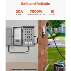 VEVOR Manual Transfer Switch, 30-Amp 10-Circuit, Prewired Generator Transfer Switch Kit with NEMA L14-30P Power Inlet Box, Double-Throw Switch, NEMA 3R, Mechanical Watt Meter, for 7500W Generators
