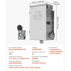 VEVOR Manual Transfer Switch, 50-Amp 10-Circuit, Prewired Generator Transfer Switch Kit with CS6375 Plug Power Inlet Box, Double-Throw Switch, NEMA 3R, Mechanical Watt Meter, for 12500W Generators