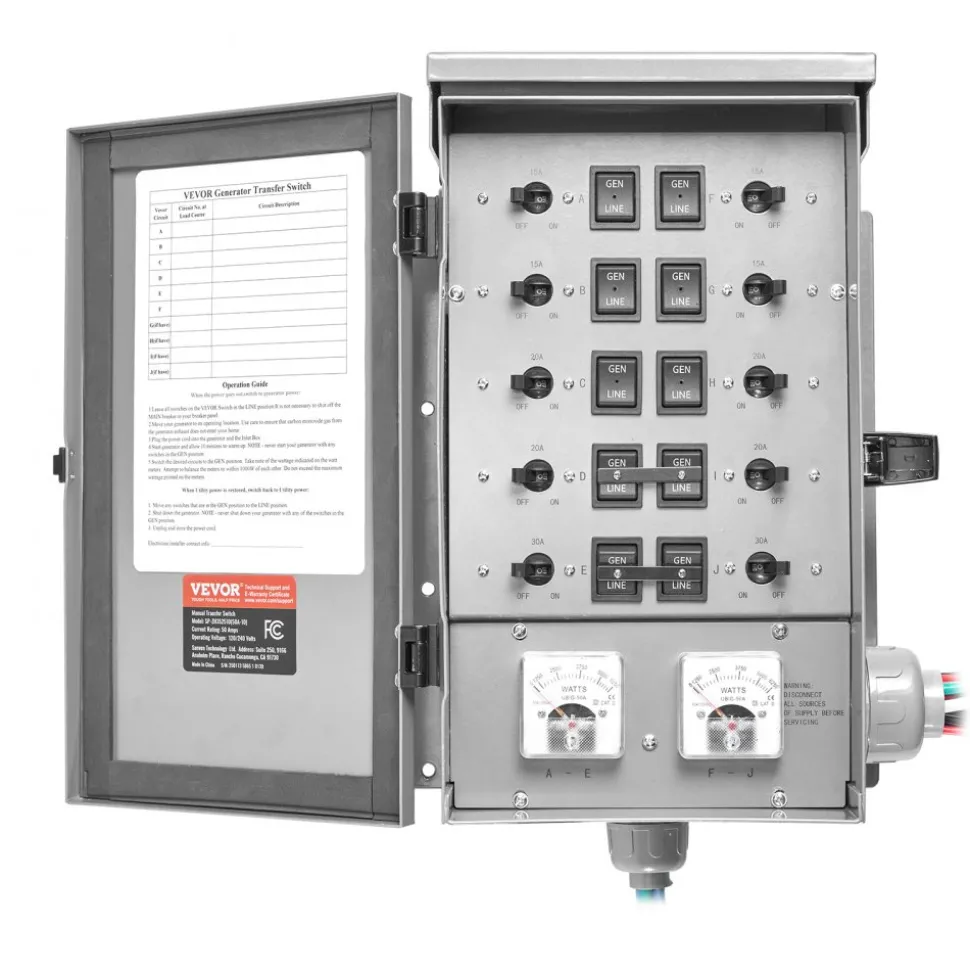 VEVOR Manual Transfer Switch, 50-Amp 10-Circuit, Prewired Generator Transfer Switch Kit with CS6375 Plug Power Inlet Box, Double-Throw Switch, NEMA 3R, Mechanical Watt Meter, for 12500W Generators