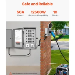 VEVOR Manual Transfer Switch, 50-Amp 10-Circuit, Prewired Generator Transfer Switch Kit with CS6375 Plug Power Inlet Box, Double-Throw Switch, NEMA 3R, Mechanical Watt Meter, for 12500W Generators