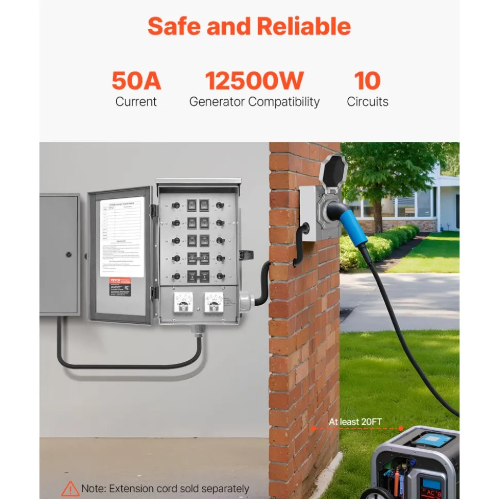 VEVOR Manual Transfer Switch, 50-Amp 10-Circuit, Prewired Generator Transfer Switch Kit with CS6375 Plug Power Inlet Box, Double-Throw Switch, NEMA 3R, Mechanical Watt Meter, for 12500W Generators