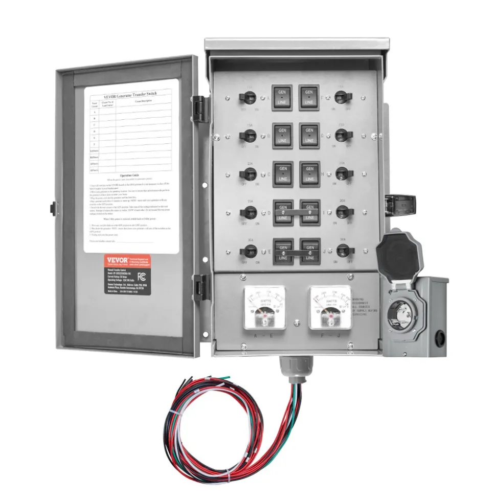 VEVOR Manual Transfer Switch, 50-Amp 10-Circuit, Prewired Generator Transfer Switch Kit with CS6375 Plug Power Inlet Box, Double-Throw Switch, NEMA 3R, Mechanical Watt Meter, for 12500W Generators