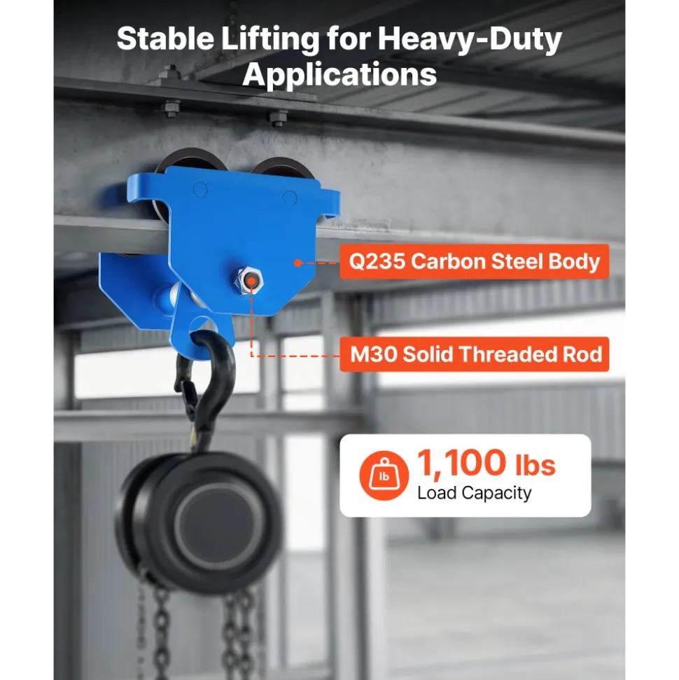 VEVOR Manual Trolley, 1100 lbs/0.5 Ton Capacity, Push Beam Trolley with Dual Wheels, Adjustable for I-Beam Flange Width 2.1" to 5.5", Heavy Duty Carbon Steel Garage Hoist for Straight & Curved I Beam
