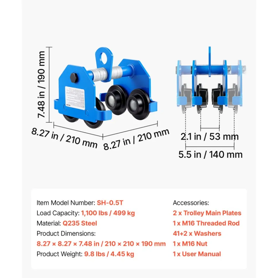 VEVOR Manual Trolley, 1100 lbs/0.5 Ton Capacity, Push Beam Trolley with Dual Wheels, Adjustable for I-Beam Flange Width 2.1" to 5.5", Heavy Duty Carbon Steel Garage Hoist for Straight & Curved I Beam