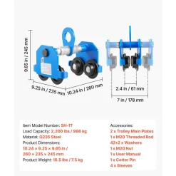 VEVOR Manual Trolley, 2200 lbs/1 Ton Load Capacity, Push Beam Trolley with Dual Wheels, Adjustable for I-Beam Flange Width 2.4" to 7", Heavy Duty Carbon Steel Garage Hoist for Straight & Curved I Beam
